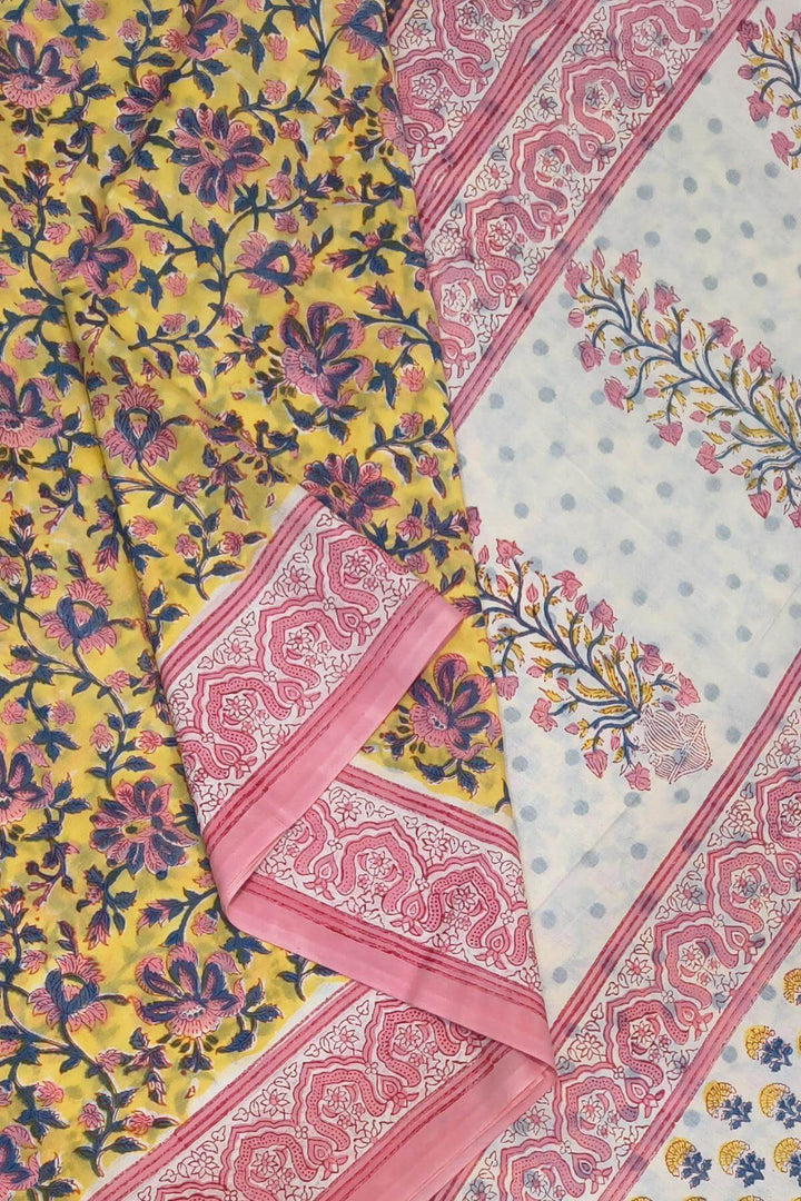 Jaipur mul cotton saree in yellow & pink