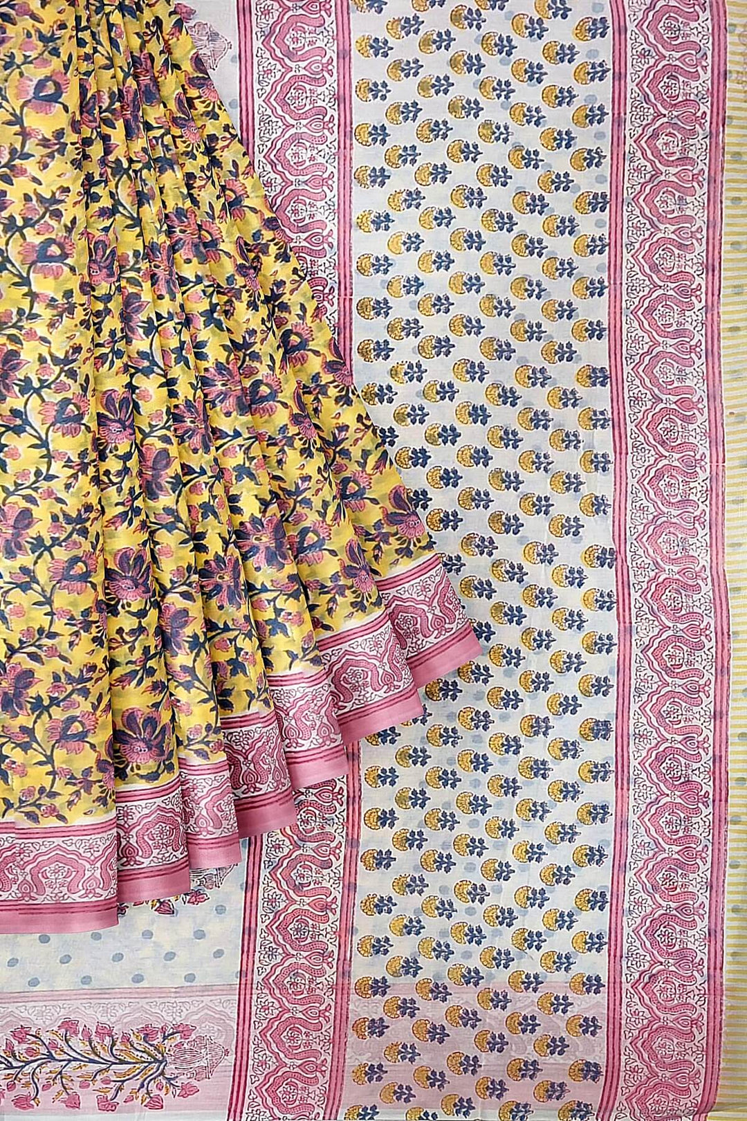 Jaipur mul cotton saree in yellow & pink