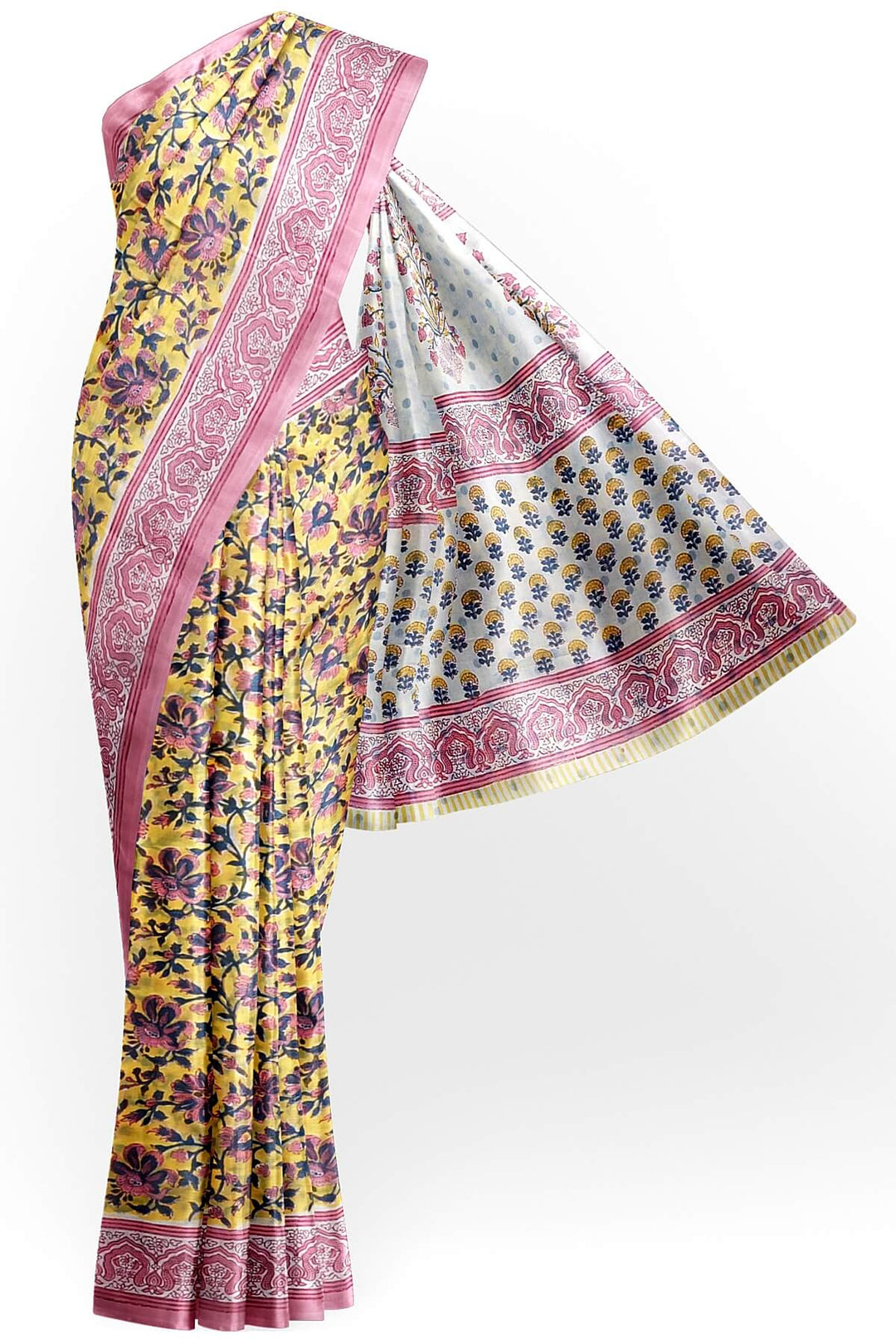 Jaipur mul cotton saree in yellow & pink