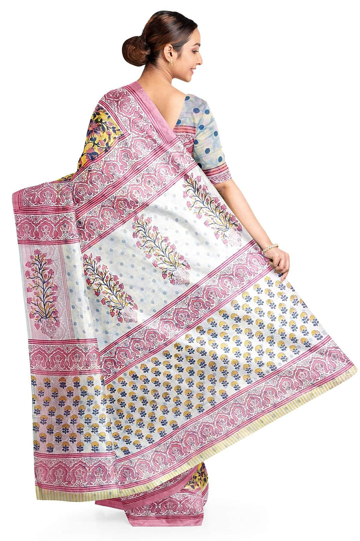 Jaipur mul cotton saree in yellow & pink