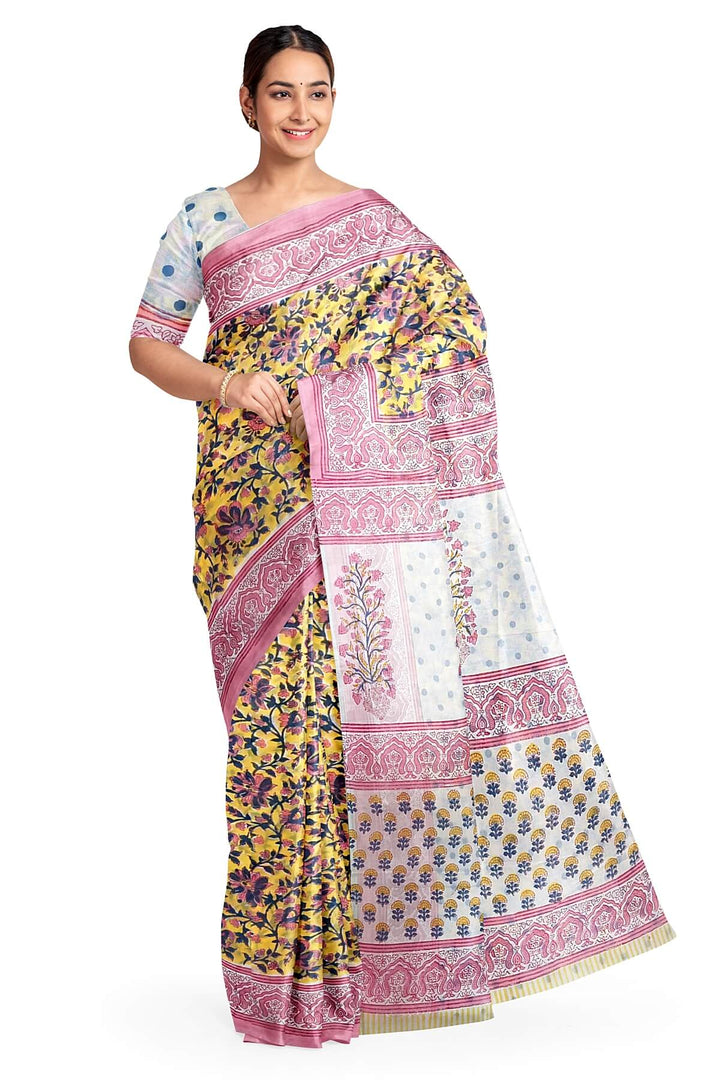 Jaipur mul cotton saree in yellow & pink