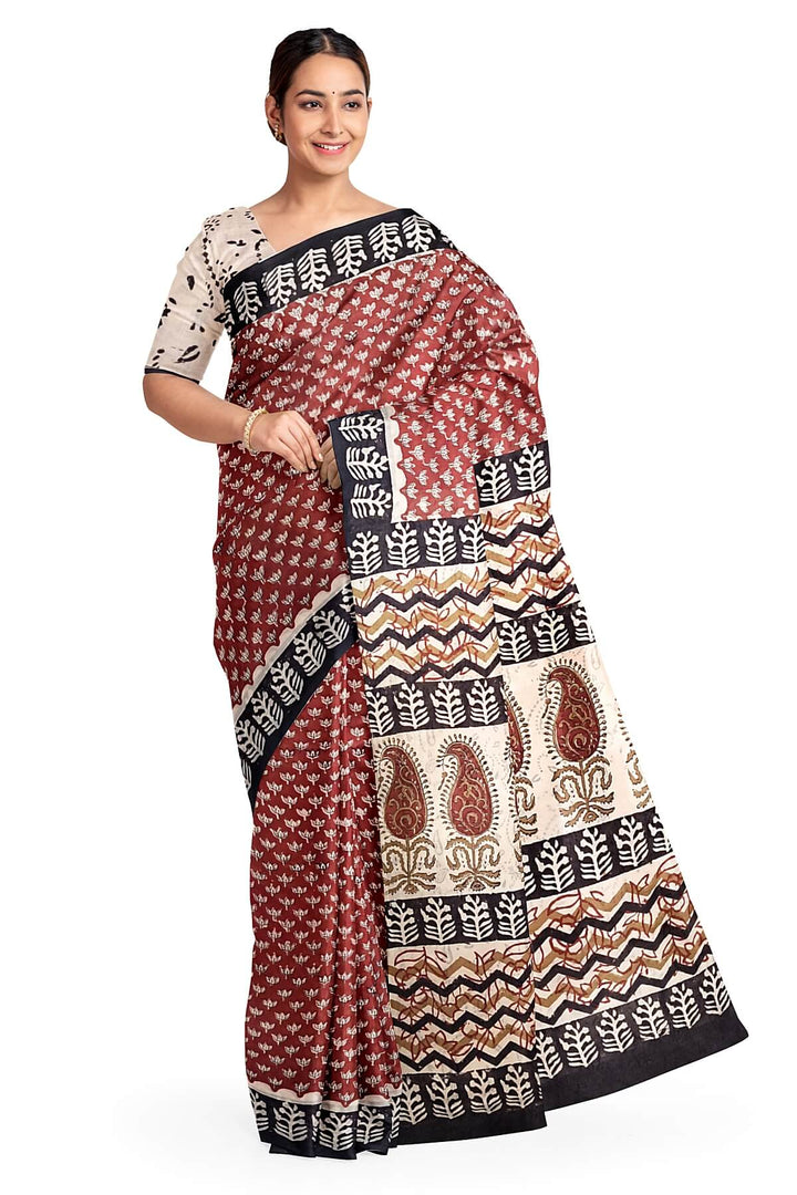 Jaipur mul cotton saree in maroon & beige