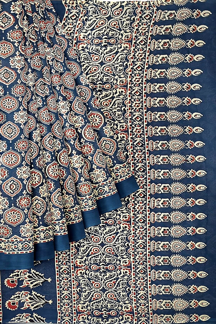 Jaipur mul cotton saree in navy blue & red