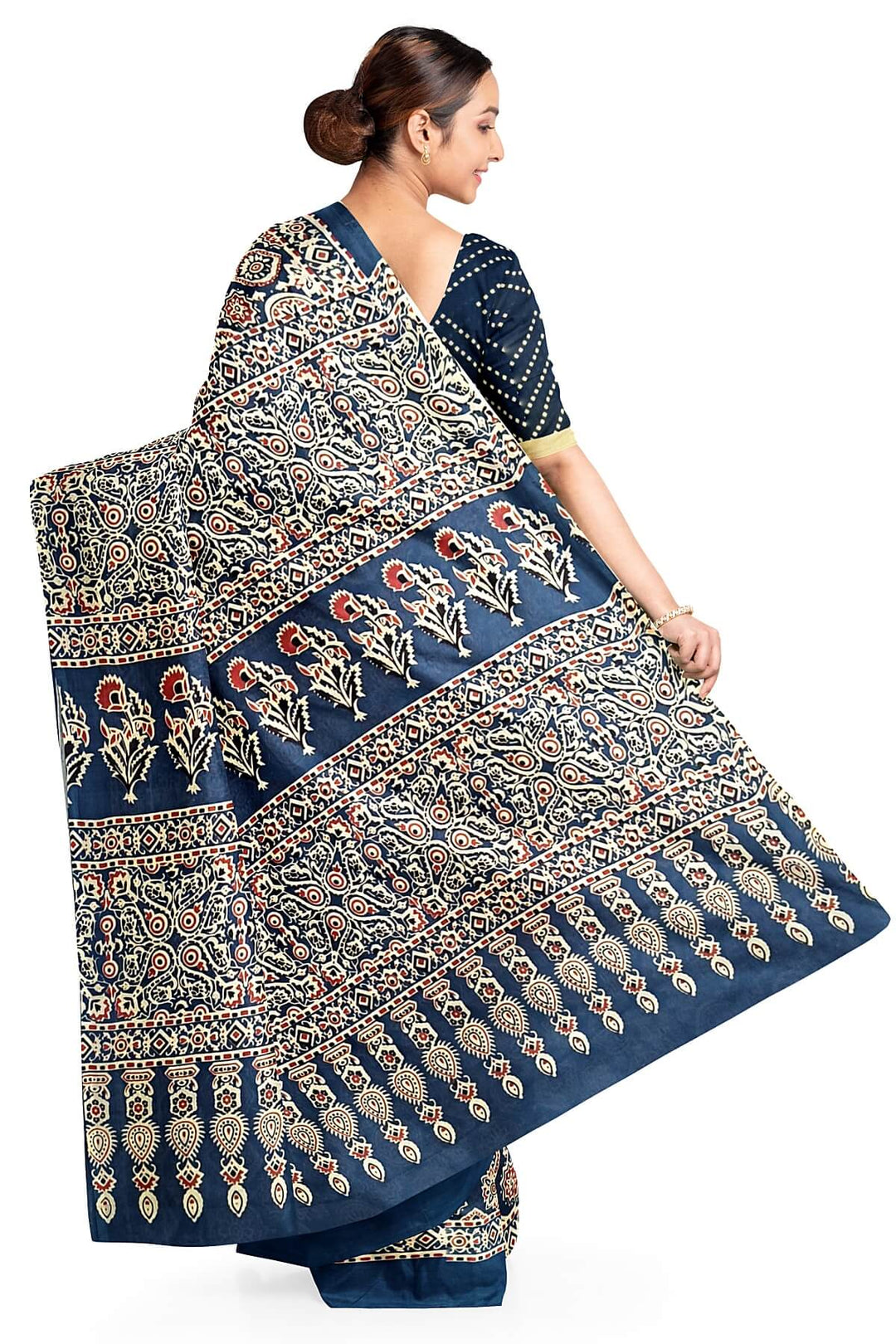 Jaipur mul cotton saree in navy blue & red