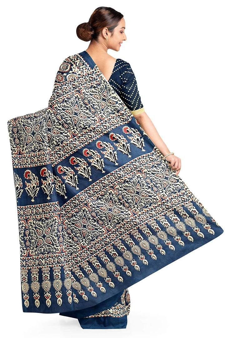 Jaipur mul cotton saree in navy blue & red