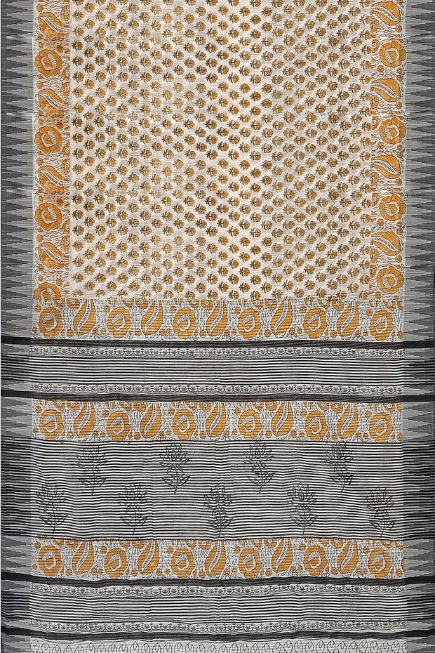 Bagru hand block print linen saree in off white