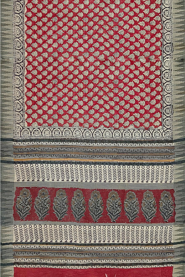 Bagru hand block print linen saree in red
