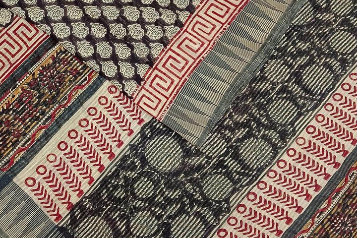 Bagru hand block print on  linen saree in black with small motifs