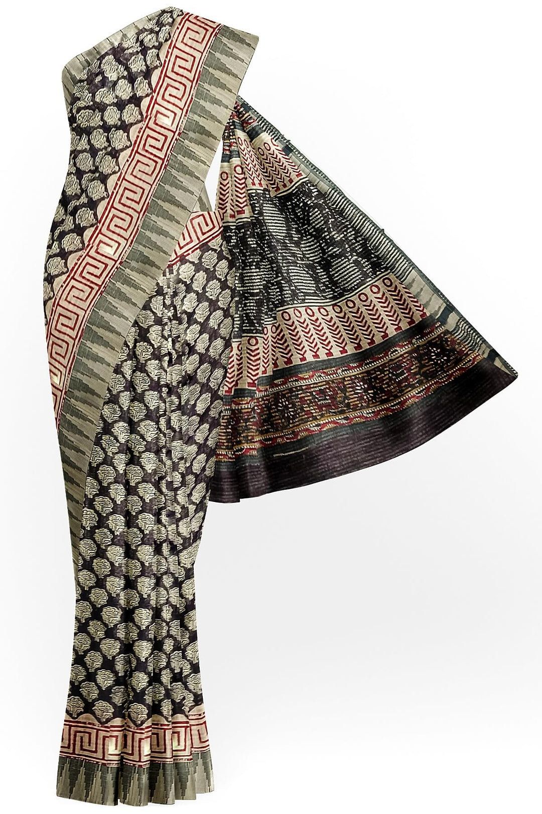 Bagru hand block print on  linen saree in black with small motifs