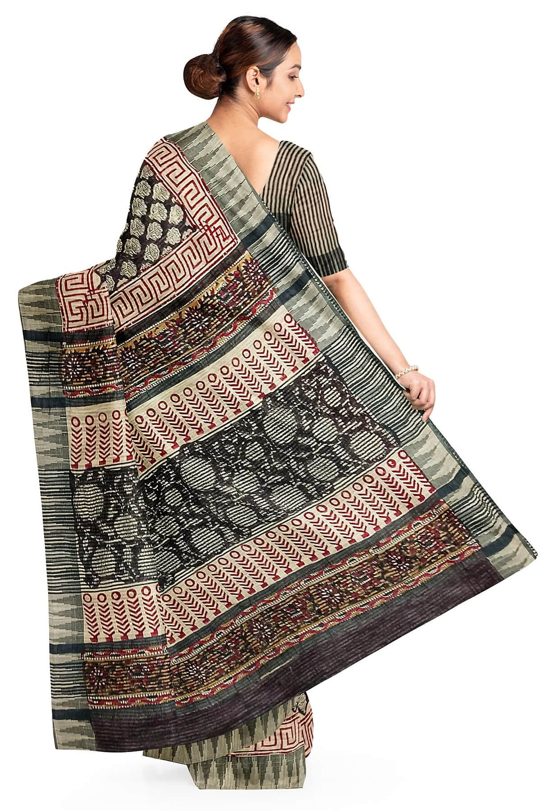 Bagru hand block print on  linen saree in black with small motifs