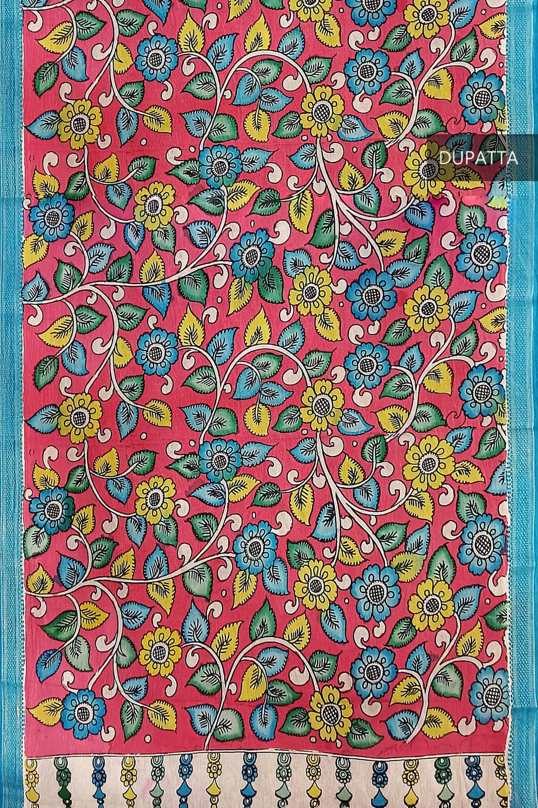 Hand painted Kalamkari pure cotton dupatta in pink with floral vines