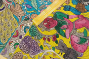 Hand painted Kalamkari on Bangalore silk saree in blue with coloured peacocks.