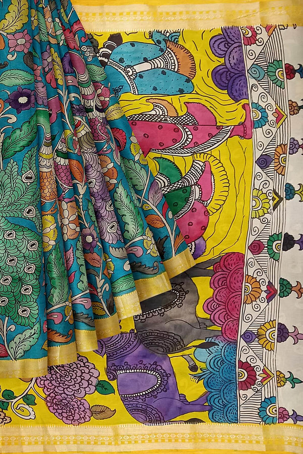 Hand painted Kalamkari on Bangalore silk saree in blue with coloured peacocks.