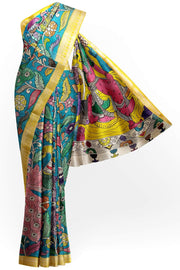 Hand painted Kalamkari on Bangalore silk saree in blue with coloured peacocks.