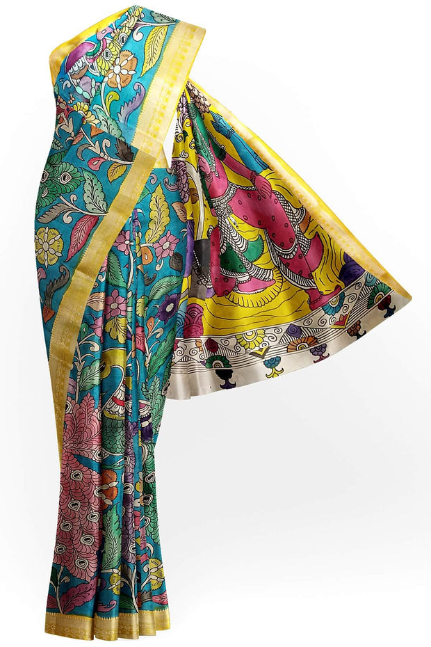 Hand painted Kalamkari on Bangalore silk saree in blue with coloured peacocks.
