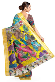 Hand painted Kalamkari on Bangalore silk saree in blue with coloured peacocks.