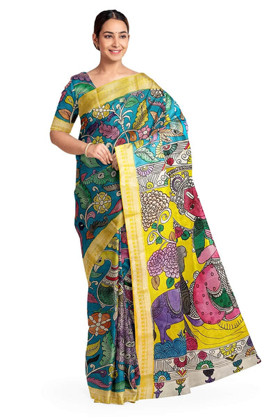 Hand painted Kalamkari on Bangalore silk saree in blue with coloured peacocks.