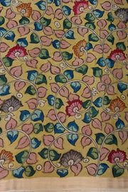 Hand painted Kalamkari on Bangalore silk saree in pink with a village theme.