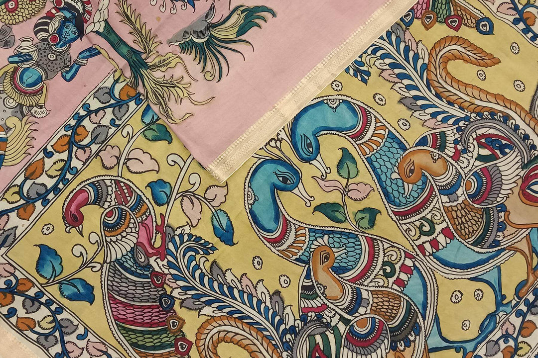 Hand painted Kalamkari on Bangalore silk saree in pink