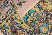 Hand painted Kalamkari on Bangalore silk saree in pink with a village theme.