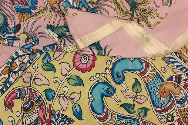 Hand painted Kalamkari on Bangalore silk saree in pink with a village theme.