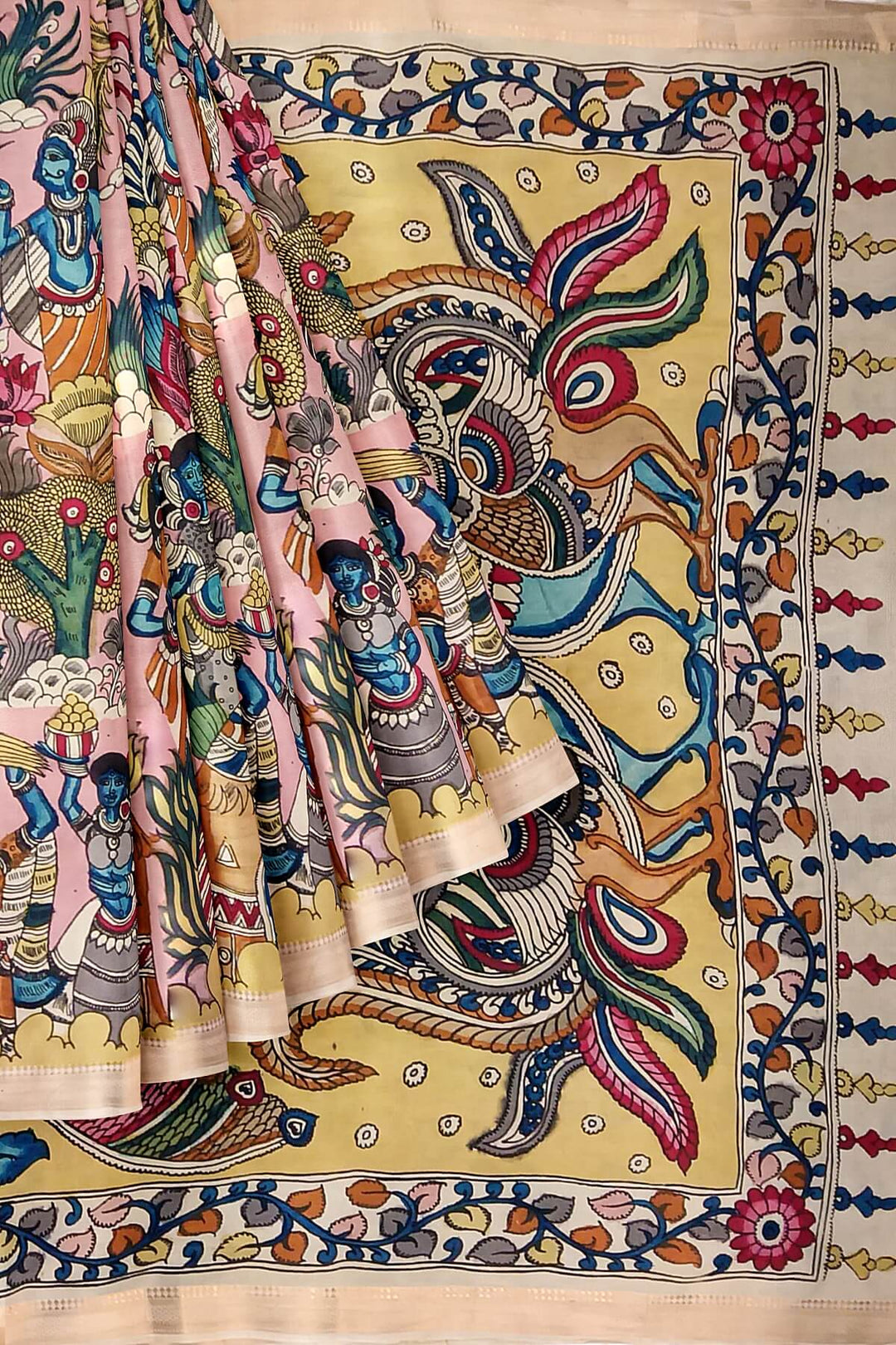 Hand painted Kalamkari on Bangalore silk saree in pink