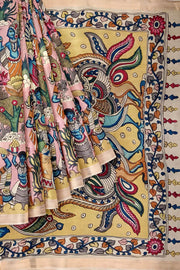 Hand painted Kalamkari on Bangalore silk saree in pink with a village theme.