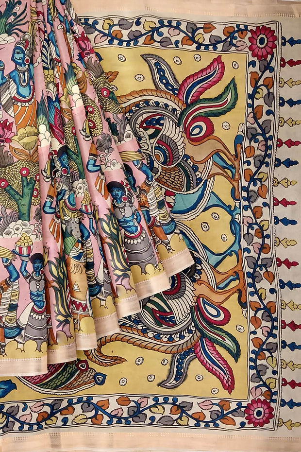 Hand painted Kalamkari on Bangalore silk saree in pink with a village theme.