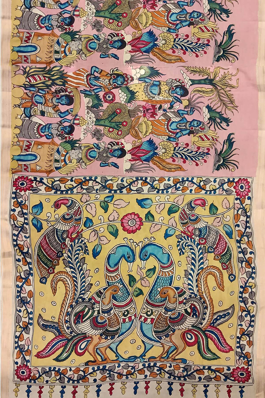 Hand painted Kalamkari on Bangalore silk saree in pink