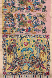 Hand painted Kalamkari on Bangalore silk saree in pink with a village theme.