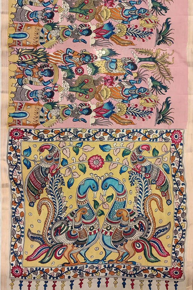 Hand painted Kalamkari on Bangalore silk saree in pink with a village theme.