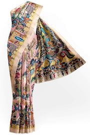 Hand painted Kalamkari on Bangalore silk saree in pink with a village theme.