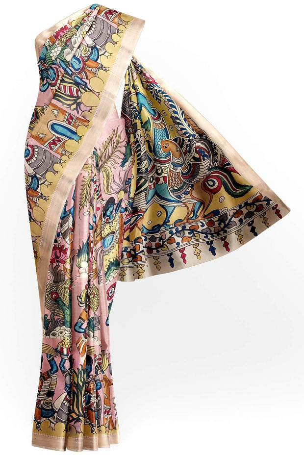 Hand painted Kalamkari on Bangalore silk saree in pink with a village theme.