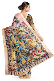 Hand painted Kalamkari on Bangalore silk saree in pink with a village theme.