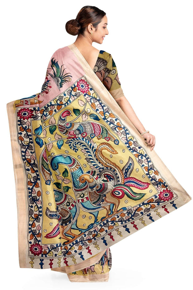 Hand painted Kalamkari on Bangalore silk saree in pink with a village theme.