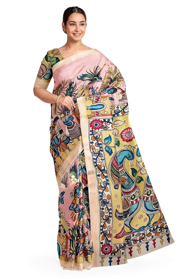 Hand painted Kalamkari on Bangalore silk saree in pink with a village theme.
