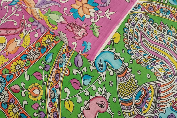 Hand painted kalamkari on Bangalore silk saree in pink