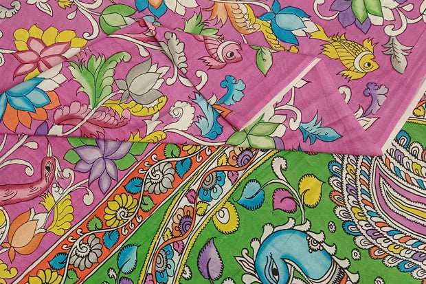 Hand painted kalamkari on Bangalore silk saree in pink