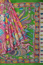 Hand painted kalamkari on Bangalore silk saree in pink