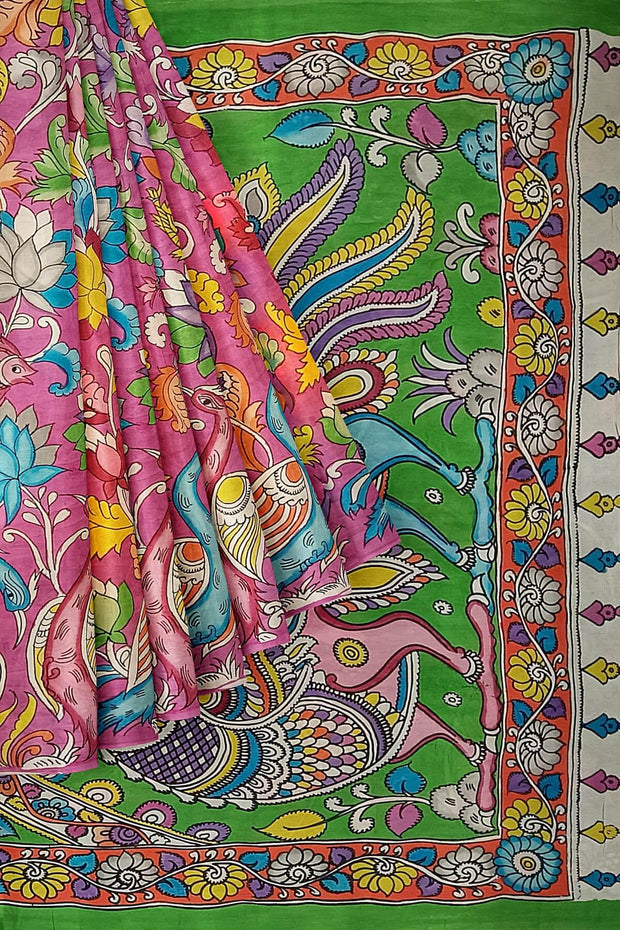 Hand painted kalamkari on Bangalore silk saree in pink