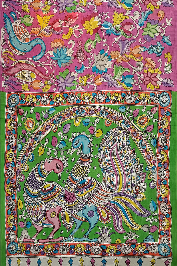 Hand painted kalamkari on Bangalore silk saree in pink