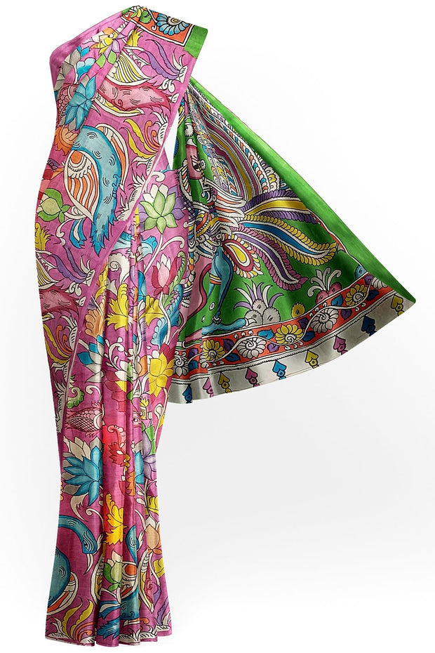 Hand painted kalamkari on Bangalore silk saree in pink
