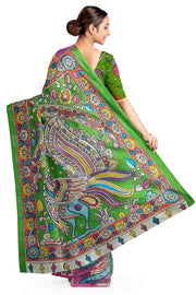 Hand painted kalamkari on Bangalore silk saree in pink