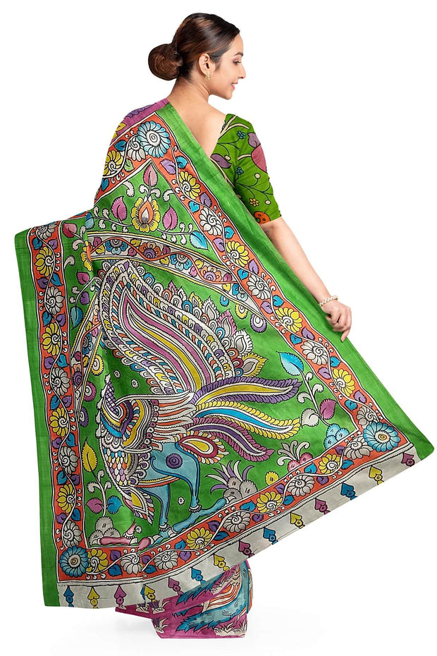 Hand painted kalamkari on Bangalore silk saree in pink