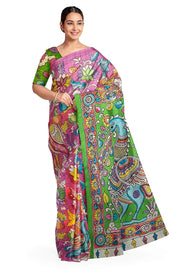 Hand painted kalamkari on Bangalore silk saree in pink