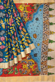 Hand painted Kalamari on Bangalore silk saree in  peacock blue with floral vines & peacocks.