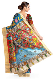 Hand painted Kalamari on Bangalore silk saree in  peacock blue with floral vines & peacocks.