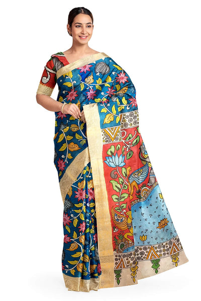 Hand painted Kalamari on Bangalore silk saree in  peacock blue with floral vines & peacocks.