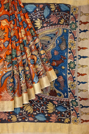 Hand painted Kalamari on Bangalore silk saree in brick red with floral vines .