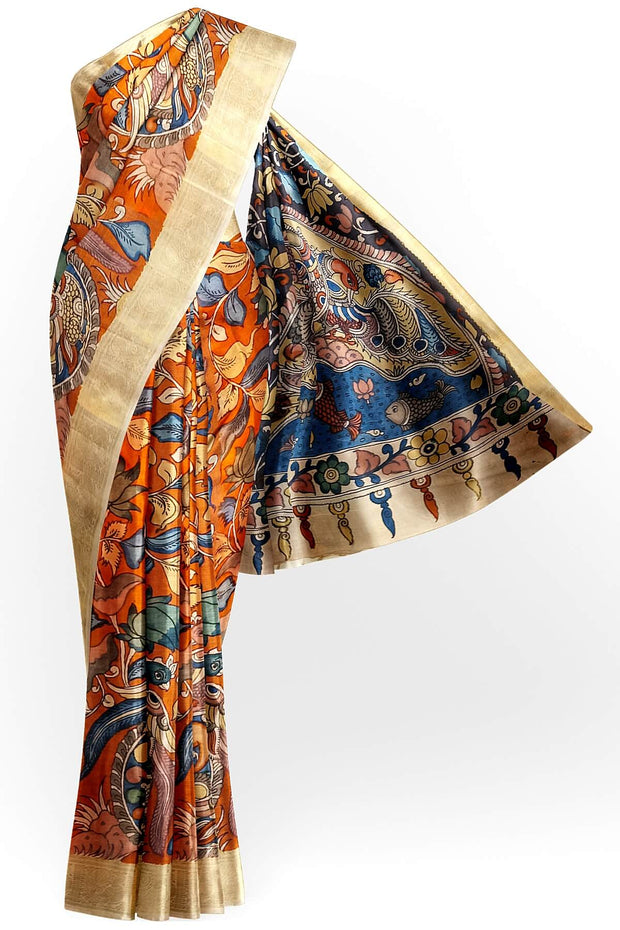 Hand painted Kalamari on Bangalore silk saree in brick red with floral vines .